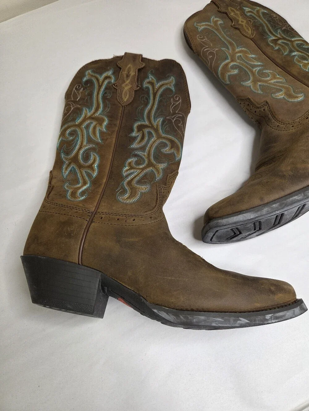 Justin Boots Brown Leather Western Cowboy Boots Embroidered Square Toe  8.5B